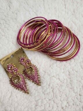 Pink and Gold Crystal Drop Earrings & Bangle Set